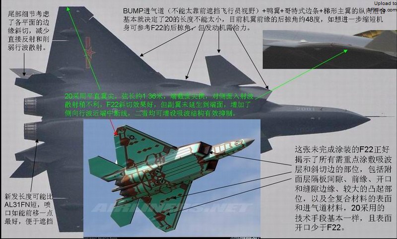 图 4、歼-20 机翼隐身修形和气动布局等综合分析（图片来自网络）